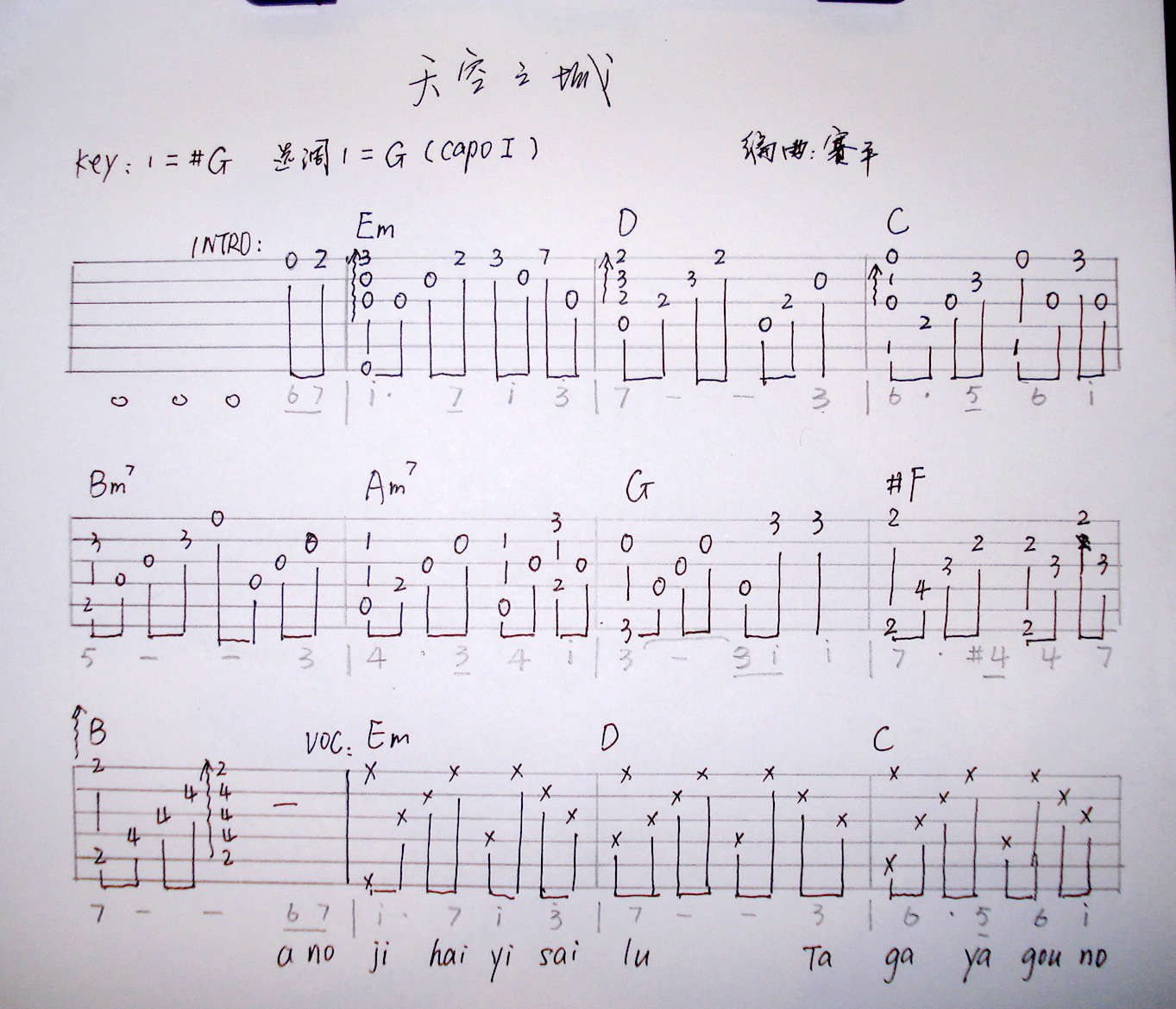 6线前奏，结尾的指弹，G调编曲