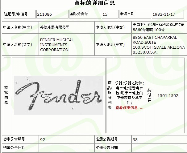 FENDER的查询结果